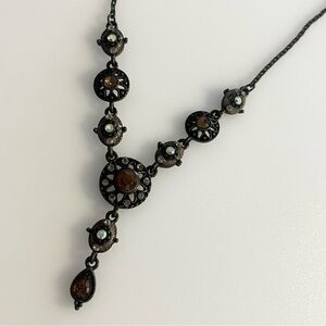 Amber & Rhinestone Iridescent Like Gemstones Y-Shaped Necklace